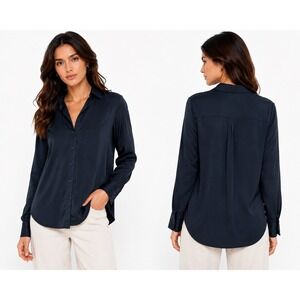 Amazon Essentials Button Down Shirt Womens Large Navy Blue Long Sleeve Workwear